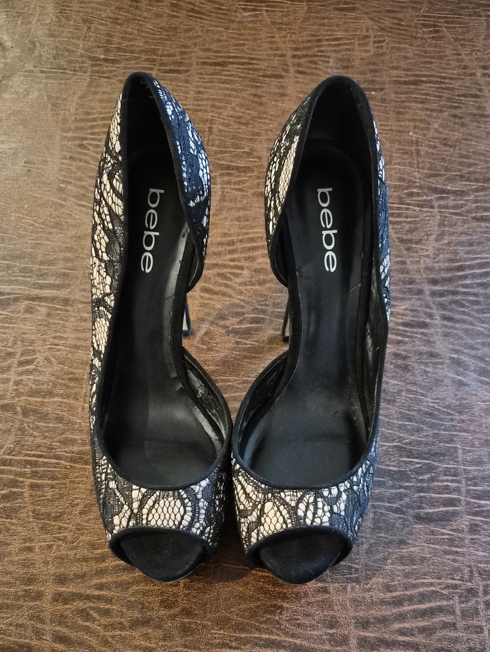 bebe Black and Cream Lace Peep-Toe Stilettos